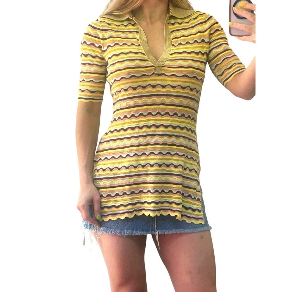 Ulla Johnson Felix Silk Blend Striped Wave Knit Polo Top - Size P